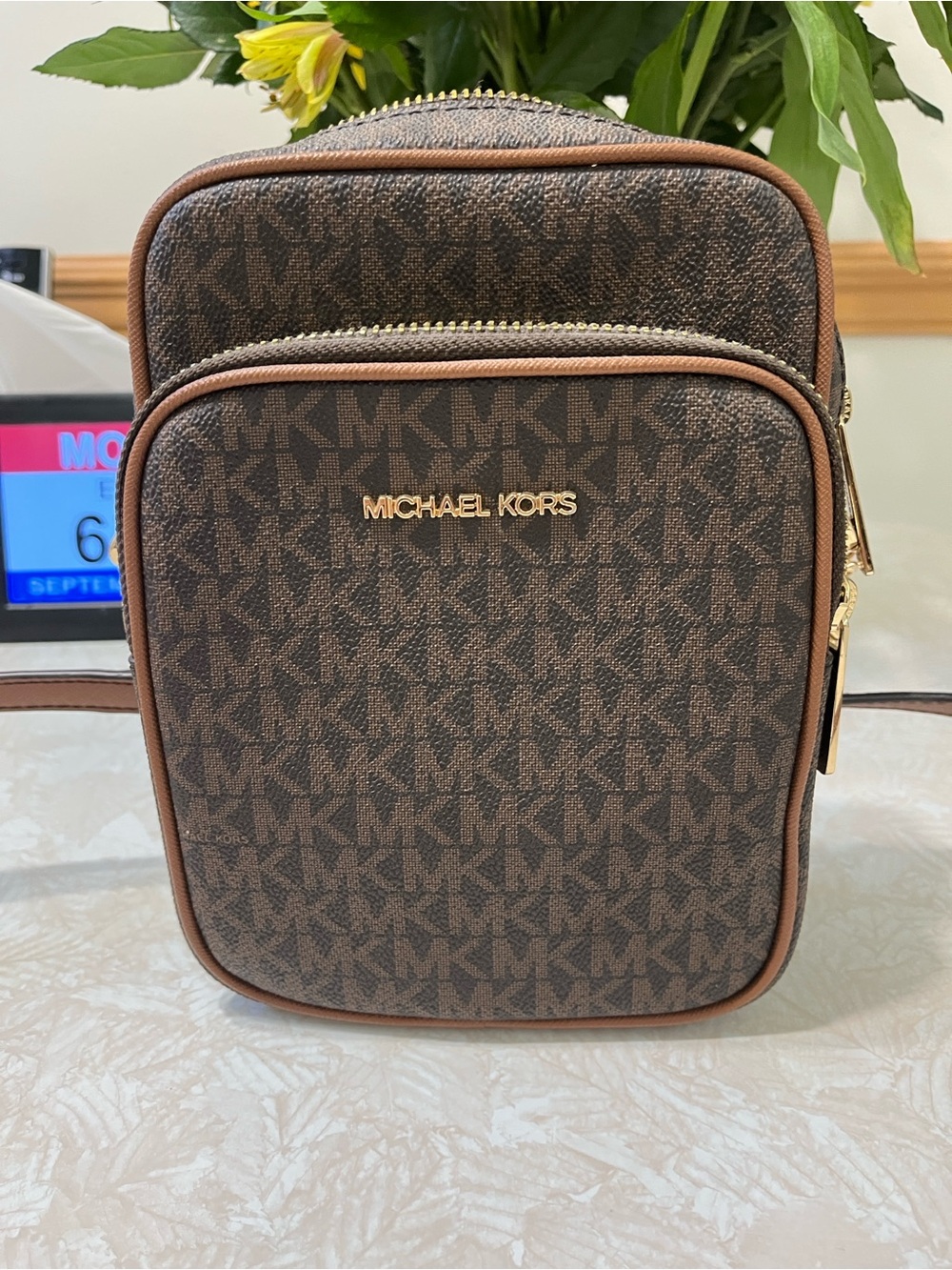 Michael Kors Brown MK Monogram Crossbody Bag with Gold Hardware